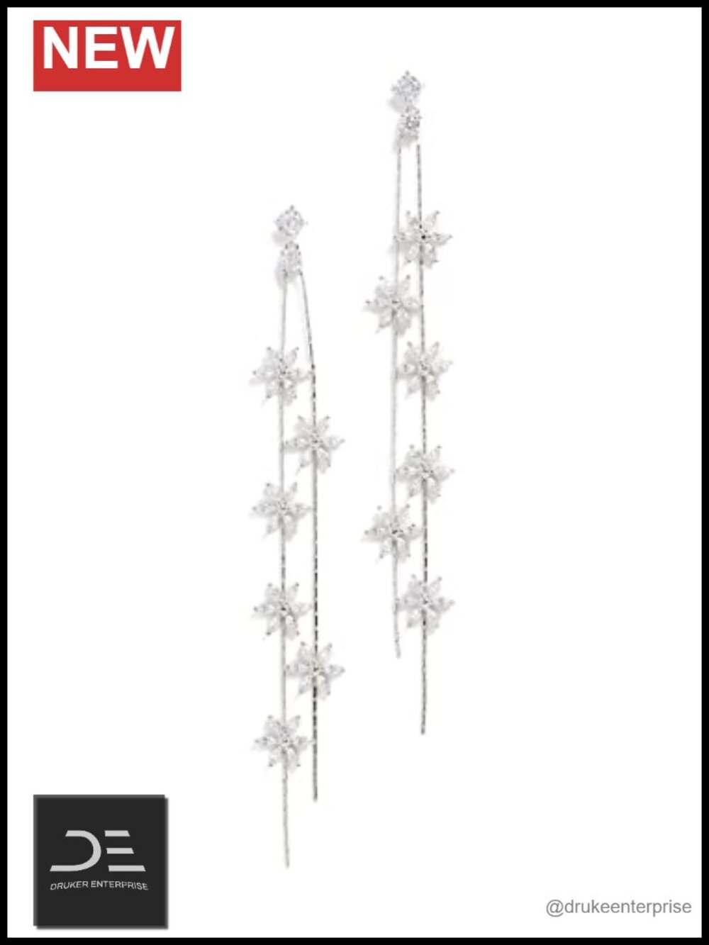 Silver-tone Floral Drop Earrings LONG Dangle Cubic Zirconia Post